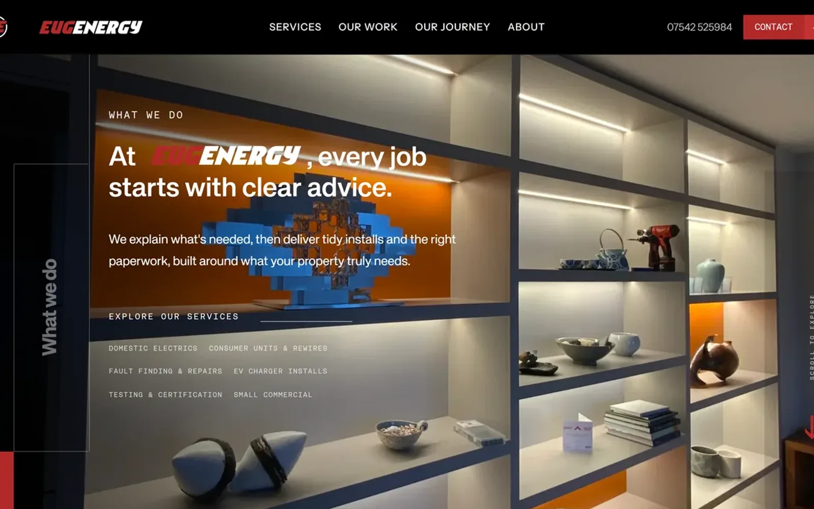Website designed by Onmain for EugEnergy, an electrician in East London, showing the homepage on desktop