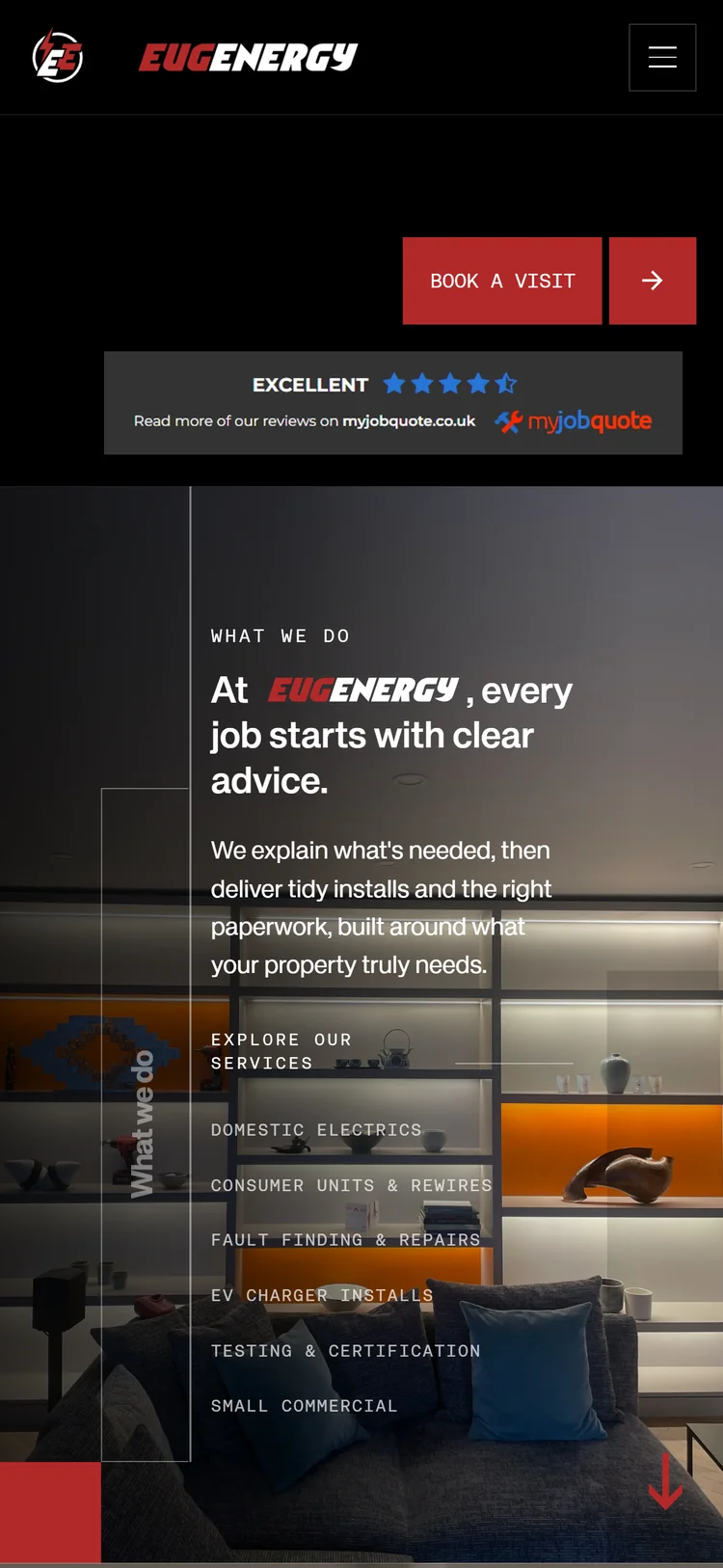 Website designed by Onmain for EugEnergy, an electrician in East London, showing the homepage on mobile