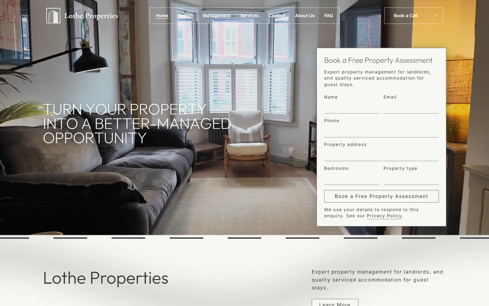 Website designed by Onmain for Lothe Properties, a serviced accommodation company in London, showing the homepage on desktop