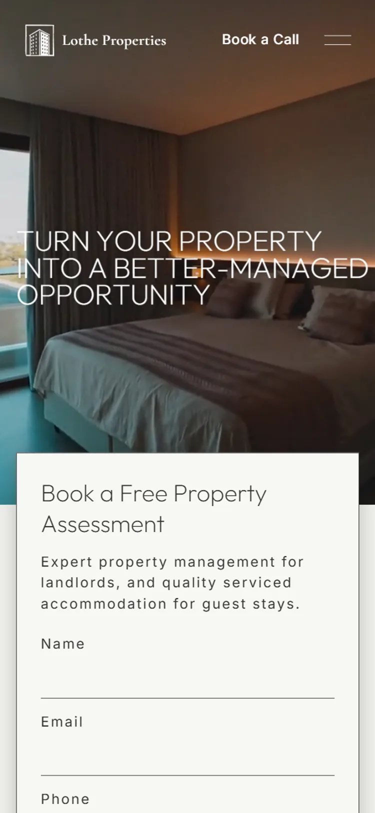 Website designed by Onmain for Lothe Properties, a serviced accommodation company in London, showing the homepage on mobile