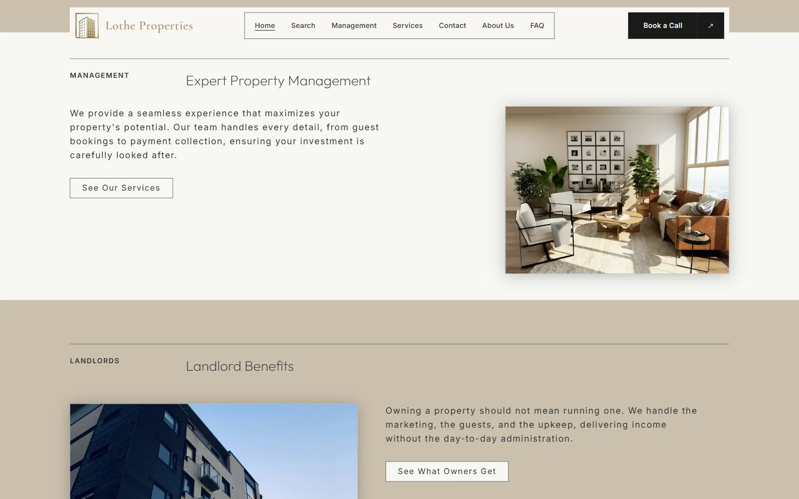 Website designed by Onmain for Lothe Properties, a serviced accommodation company in London, showing further down the homepage on desktop