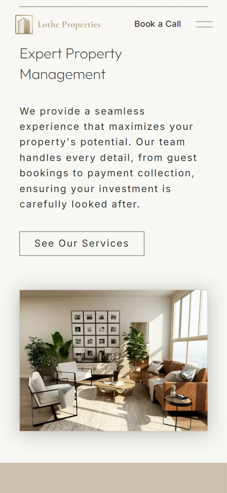 Website designed by Onmain for Lothe Properties, a serviced accommodation company in London, showing further down the homepage on mobile