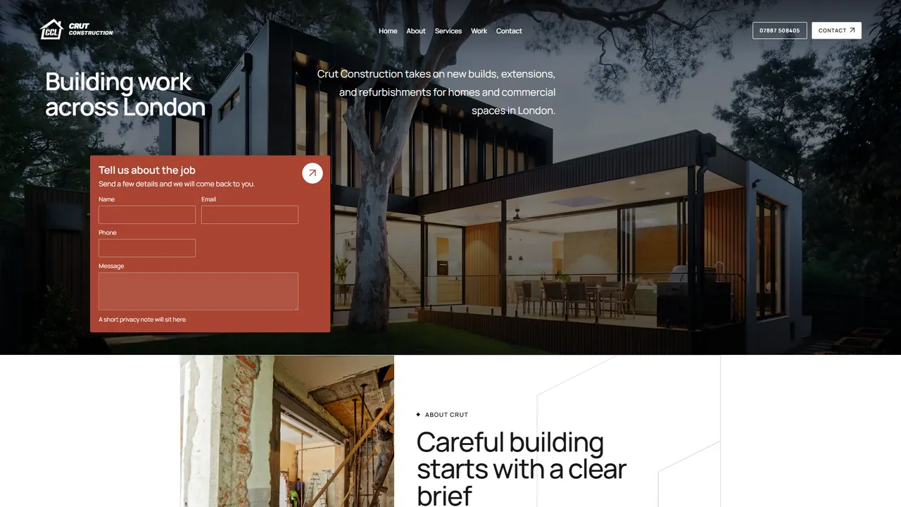 Website designed by Onmain for Crut Construction, a building contractor in London