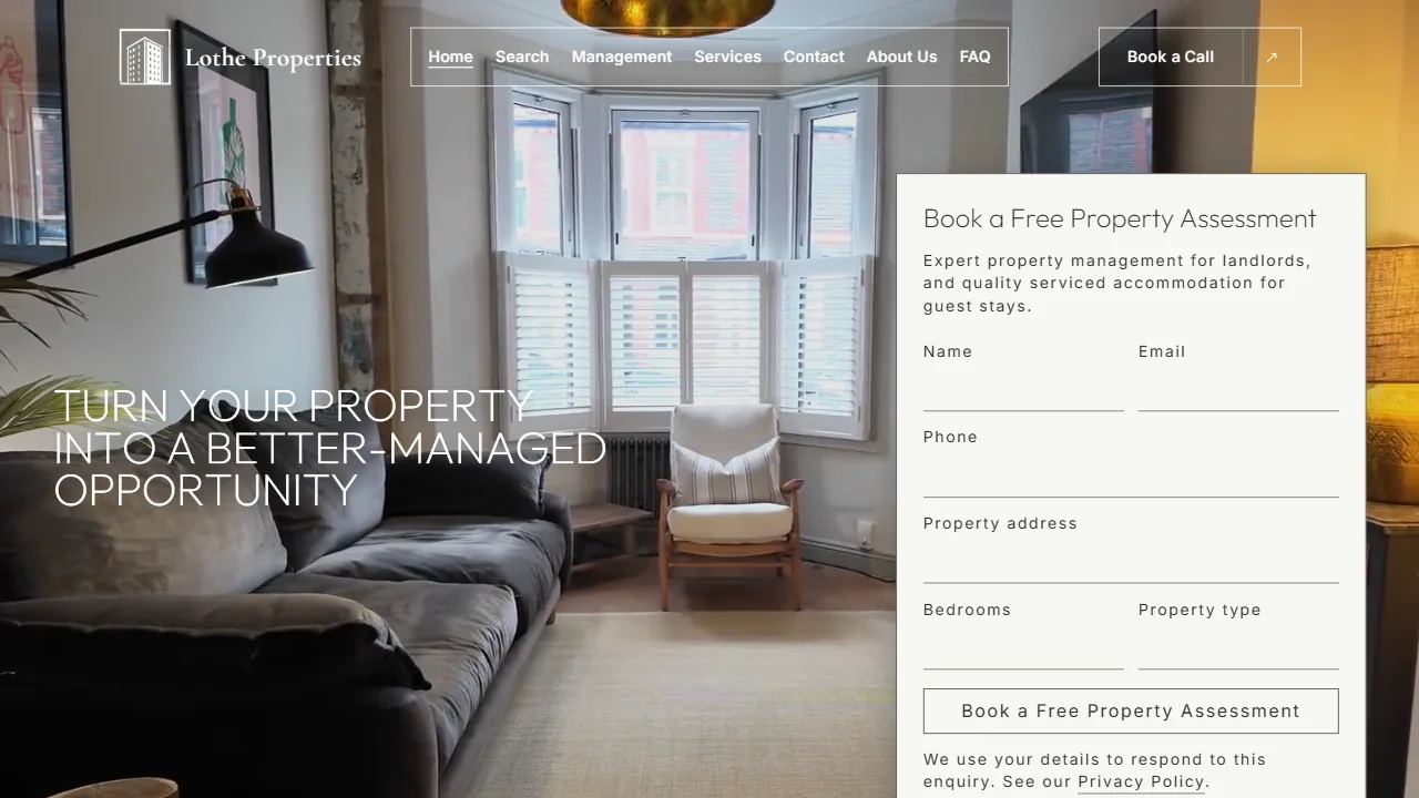 Screenshot of the Lothe Properties serviced accommodation website